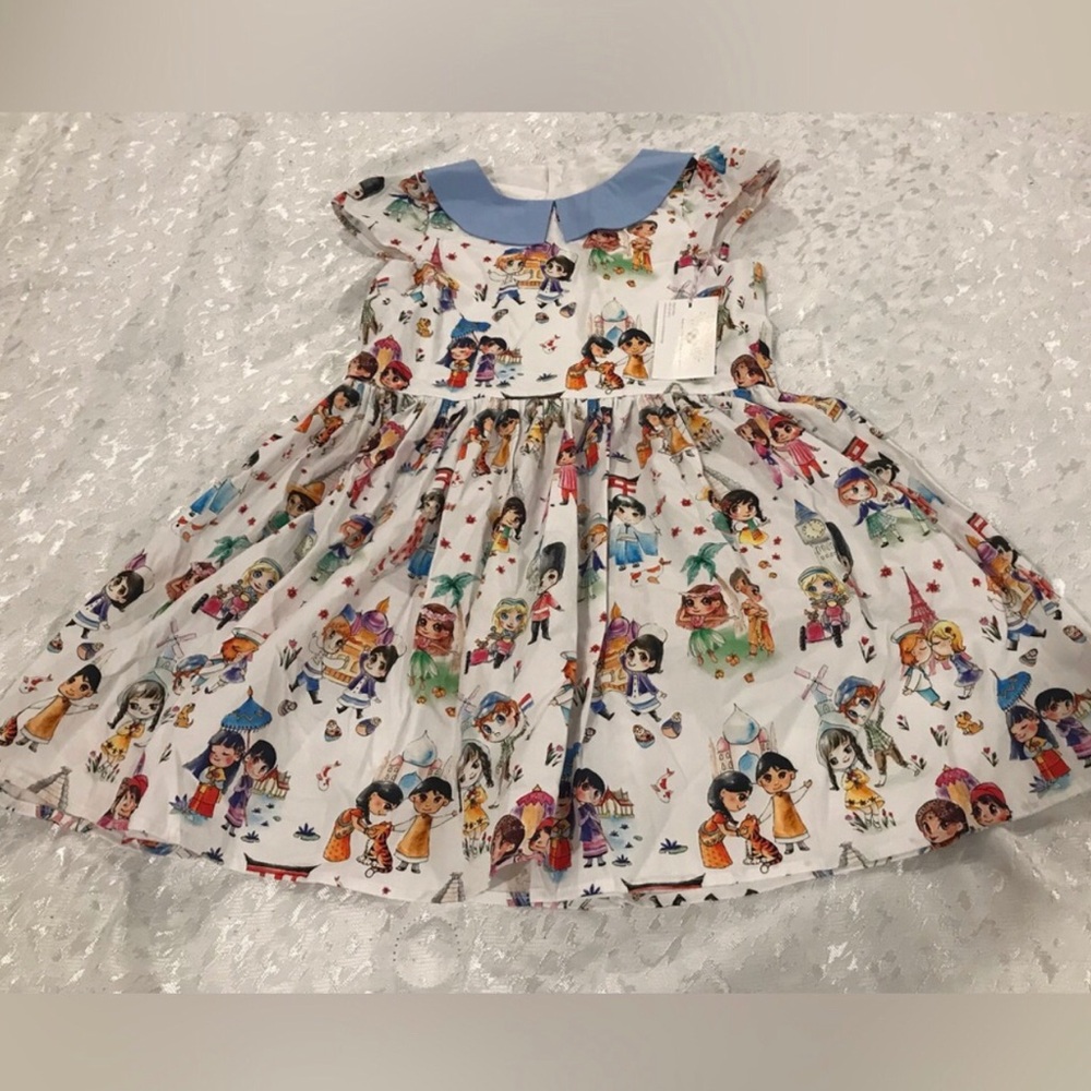 Cute Blue-Collar White Kids Costume Dress with Character Print NWT Size 9/10